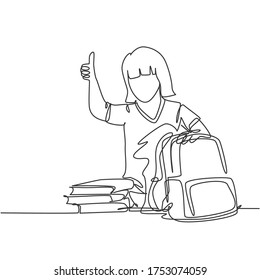 One line drawing of young happy elementary school girl student packing stack of books up to put into the bag. Education concept continuous line draw graphic design vector illustration