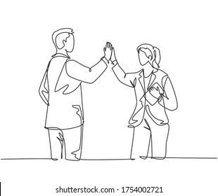 One line drawing of young happy businessman and businesswoman celebrating their successive goal with high five gesture. Business deal concept continuous line draw design graphic vector illustration