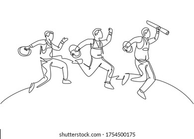 One line drawing of young happy worker construction and architect jumping to reach his business target together. Business team goal concept continuous line draw graphic design vector illustration