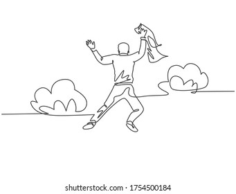 One line drawing of young happy and energetic business man stretch out his hands into the air and jumping over the cloud. Business celebration concept continuous line draw design vector illustration