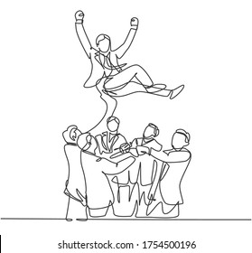 One line drawing of young happy business man thrown into the air by his friend to celebrate his successive business. Job promotion concept continuous line graphic draw design vector illustration