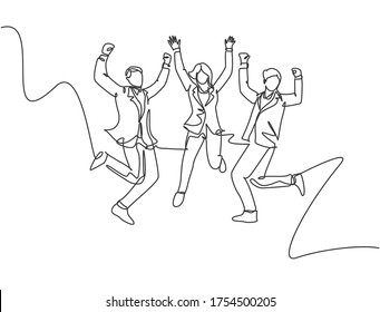 One line drawing of young happy business man and business woman jumping to celebrate their successive business. Business deal celebration concept. Continuous line draw design vector illustration