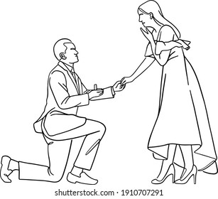 One line drawing of young happy couple male proposing female. Romantic relationship concept. Continuous line draw graphic design vector illustration, wall decor, art prints, proposal of marriage