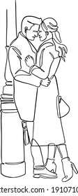 One line drawing of young happy couple male and female. Romantic relationship concept. Continuous line draw graphic design vector illustration, wall decor, art prints, Kissing, hug, dancing together