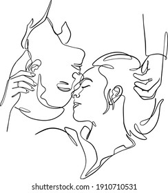 One line drawing of young happy couple male and female. Romantic relationship concept. Continuous line draw graphic design vector illustration, wall decor, art prints, Kissing, hug, dancing together