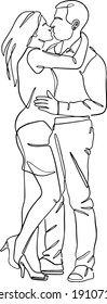 One line drawing of young happy couple male and female. Romantic relationship concept. Continuous line draw graphic design vector illustration, wall decor, art prints, Kissing, hug, dancing together