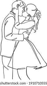 One line drawing of young happy couple male and female. Romantic relationship concept. Continuous line draw graphic design vector illustration, wall decor, art prints, Kissing, hug, dancing together