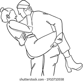 One line drawing of young happy couple male and female. Romantic relationship concept. Continuous line draw graphic design vector illustration, wall decor, art prints, Kissing, hug, dancing together