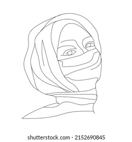 Eine Linie Zeichnung eines jungen, glücklichen Muschelmädchens mit einem Kopftuch auf dem Kopf. Attraktives asiatisches Frauenmodell im modischen Hijab-Modekonzept, kontinuierliches Liniendesign, Vektorgrafik
