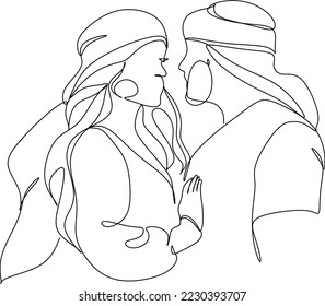 One line drawing of young happy muslim men and women walking together. Saudi Arabia fabric shmagh, candora, scarf, thobe, gutra. Continuous line drawing vector illustration