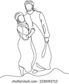 One line drawing of young happy muslim men and women walking together. Saudi Arabia fabric shmagh, candora, scarf, thobe, gutra. Continuous line drawing vector illustration