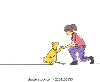 Eine Zeichnung des jungen glücklichen Mädchens, das ihren süßen Hund handschüttelt. Freundschaft über das Konzept von Mensch und Tier. Trendsetter-Grafik mit kontinuierlicher Zeilenzeichnung, Vektorgrafik