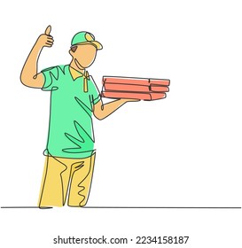 One line drawing of young happy pizza delivery man gives thumbs up gesture before deliver package to customer. Food delivery service business concept. Continuous line draw design vector illustration