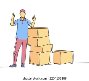 One line drawing of young happy delivery man thumbs up while lift up and deliver carton box packages to customer. Delivery service business concept. Continuous line draw design vector illustration