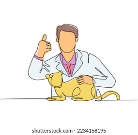 One line drawing of young happy veterinarian doctor pose thumbs up gesture after treating sick cat at clinic. Pet health care concept. Continuous line draw design vector illustration