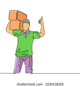 One line drawing of young happy delivery man gives thumbs up gesture while lift up carton box packages to customer. Delivery service business concept. Continuous line draw design vector illustration