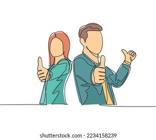 Dibujo de una línea de jóvenes y felices hombres de negocios y mujeres de negocios dando su aprobación por gesto. Gran concepto de trabajo en equipo de negocios. Ilustración vectorial de dibujo gráfico de línea continua