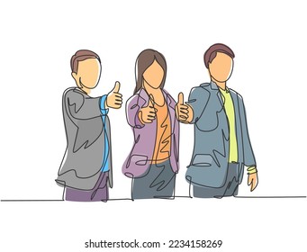 One line drawing of young happy businessmen and businesswoman stand up and giving thumbs up gesture together. Business teamwork building concept. Continuous line draw design vector illustration