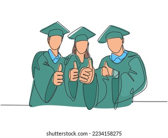 One line drawing of young happy graduate college students wearing graduation dress and giving thumbs gesture. Education graduating concept. Continuous line draw design graphic vector illustration