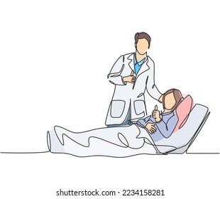 One line drawing of young happy doctor visiting patient who are lying weak on the bed and giving thumbs up gesture. Medical healthcare service concept. Continuous line draw design vector illustration