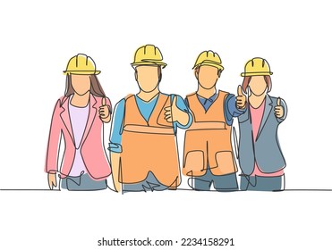 One line drawing of young happy male and female building builder groups wearing helmet giving thumbs up gesture. Great team work concept. Trendy continuous line draw design graphic vector illustration