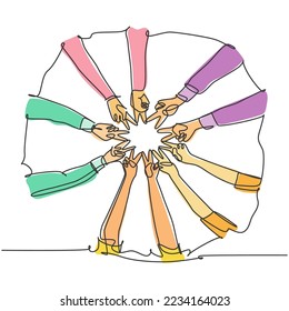 Un dibujo de una línea de jóvenes felices unen sus manos para mostrar trabajo en equipo y unidad y crear forma de círculo. Concepto de construcción de equipo diseño de línea continua de dibujo gráfico vectorial
