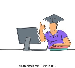 One line drawing of young happy male college student studying in front of computer and gives thumbs up gesture. Graduate student concept. Education continuous line draw design vector illustration