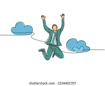 One line drawing of young happy and energetic business man stretch out his hands into the air and jumping over the cloud. Business celebration concept continuous line draw design vector illustration