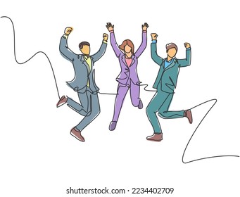 One line drawing of young happy business man and business woman jumping to celebrate their successive business. Business deal celebration concept. Continuous line draw design vector illustration