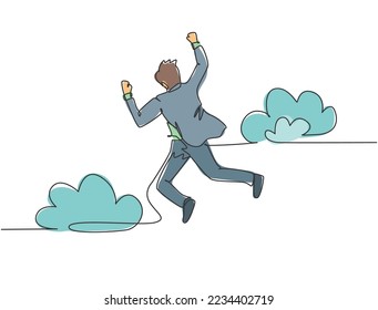 One line drawing of young happy and energetic business man punching a fist into the air and jumping over the cloud. Business success celebration concept continuous line draw design vector illustration