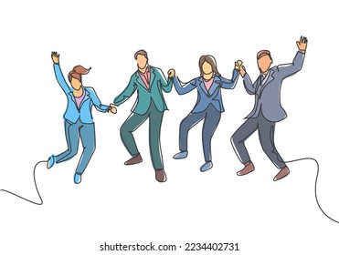 One line drawing of young happy business man and business woman jumping to celebrate their successive team business. Business deal concept continuous line draw graphic design vector illustration