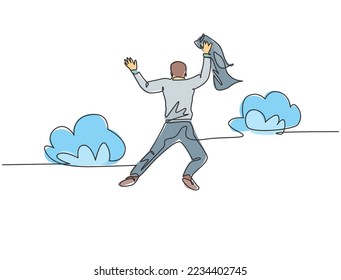 One line drawing of young happy and energetic business man stretch out his hands into the air and jumping over the cloud. Business celebration concept continuous line draw design vector illustration