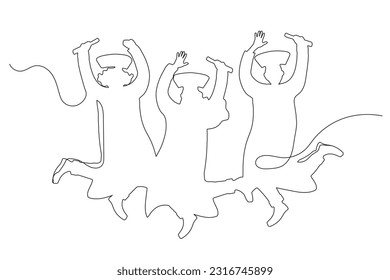 One line drawing of young happy graduate male and female college student jumping hand drawn continuous line art minimalism style on white background. Celebration concept. Vector