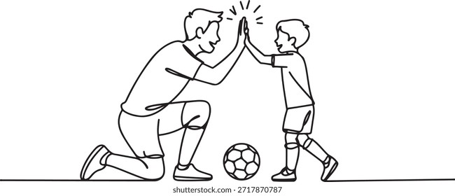 Um desenho de linha do jovem feliz pai curvar seu corpo para dar alto cinco gestos para seu menino enquanto joga futebol na quadra de futebol. Conceito parental. Desenho de ícone de uma linha