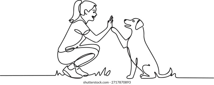 Un dibujo de línea de mujer feliz joven en cuclillas luego dando alto cinco gestos a su perro en el parque outfield como símbolo de amistad. Concepto de cuidado de mascotas. una línea Dibujo de iconos
