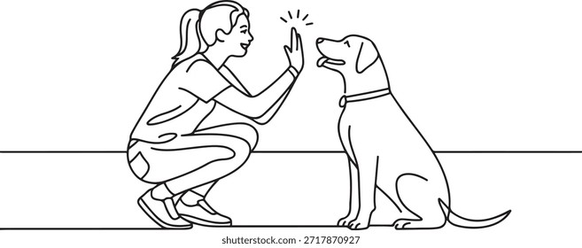 Un dibujo de línea de mujer feliz joven en cuclillas luego dando alto cinco gestos a su perro en el parque outfield como símbolo de amistad. Concepto de cuidado de mascotas. una línea Dibujo de iconos
