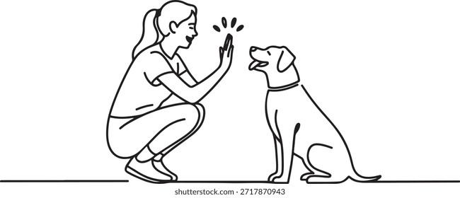 Un dibujo de línea de mujer feliz joven en cuclillas luego dando alto cinco gestos a su perro en el parque outfield como símbolo de amistad. Concepto de cuidado de mascotas. una línea Dibujo de iconos

