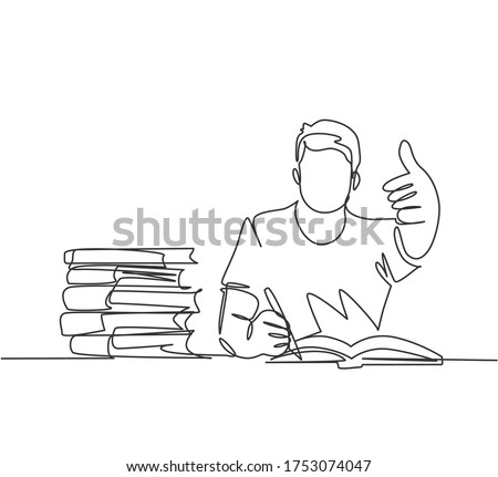 One line drawing of young happy male college student studying and reading stack of books in library while gives thumbs up gesture. Education continuous line draw graphic design vector illustration