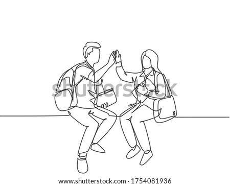 One line drawing of young happy couple man and woman student sitting at chair after the class and giving high five gesture. Relationship concept continuous line draw design vector graphic illustration