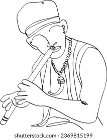 One Line Drawing: Young Ifugao Man Playing Kaleleng Nose Flute, Continuous Line Art: Cultural Flute Performance in Kota Kinabalu, Traditional Nose Flute Melody: Ifugao Musician in Action