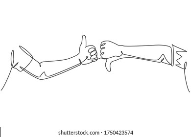 One Line Drawing Of Young Male Arm Hands With Thumbs Up And Thumbs Down Sign Gesture. Good And Bad Symbol Concept. Continuous Line Draw Graphic Design Vector Illustration