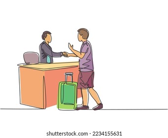 One line drawing of young male tourist handshaking hotel receptionist and ask to book a room while holding a luggage. Travelling concept. Modern continuous line drawing graphic vector illustration