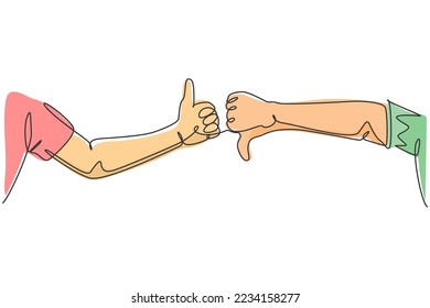 One line drawing of young male arm hands with thumbs up and thumbs down sign gesture. Good and bad symbol concept. Continuous line draw graphic design vector illustration