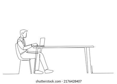 One line drawing of young man sitting on desk, using laptop, working online from home.
