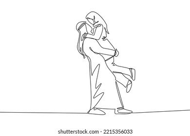 un dibujo de una línea de un joven abrazando y levantando a una joven. ambos se miraron la cara del otro. sonriente feliz. los hombres usan túnicas y turbantes. las mujeres usan pañuelos en la cabeza para cubrir todo su cuerpo.