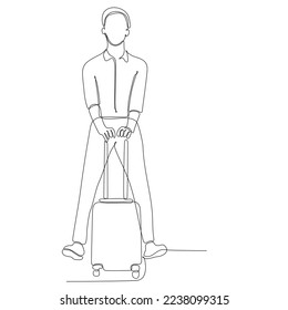
Dibujo de una línea de un joven con una maleta en el aeropuerto. Un joven feliz llega del viaje. El concepto de actividad aeroportuaria. Ilustración continua de diseño gráfico de líneas.
