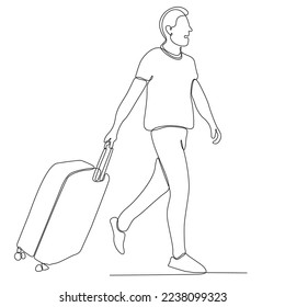 
One line drawing of a young man with a suitcase at the airport. Happy young man arrives from trip. Airport activity concept. Continuous line draw graphic design vector illustration.