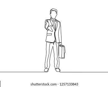 One line drawing of young manager business man with suitcase giving handshake gestures. Continuous line drawing of deal business concept. Vector illustration design