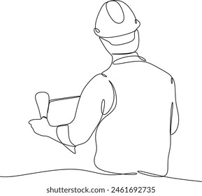 One line drawing of a young master builder with documentation. Construction designer concept. Vector illustration of continuous line drawing. Without artificial intelligence