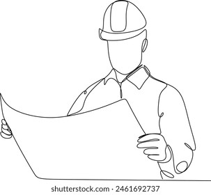 Dibujo de una línea de un joven maestro constructor con documentación. Concepto de diseñador de construcción. Ilustración vectorial del dibujo lineal continuo. Sin inteligencia artificial